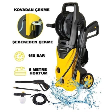 Prohummer PH271 Elektrikli 150 Bar Musluk ve Kovadan Su Çekme Yüksek Basınçlı Bahçe, Oto Yıkama, Araç Yıkama Makinesi (Sarı)