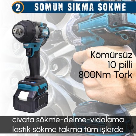 Prohummer PH279 Akülü Kömürsüz 3IN1 Matkap Seti - (800Nm Somun Sökme, Kırıcı Delici , 125mm Avuç Taşlama, Powerbank ve Led)21v 4ah