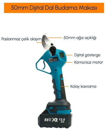 Prohummer PH295 Profesyonel 3lü Bahçe Seti Akülü Uzatma Kollu Dijital Göstergeli 50mm Dal Budama Makası ve 20cm Dal Budama Testeresi 88Vmax