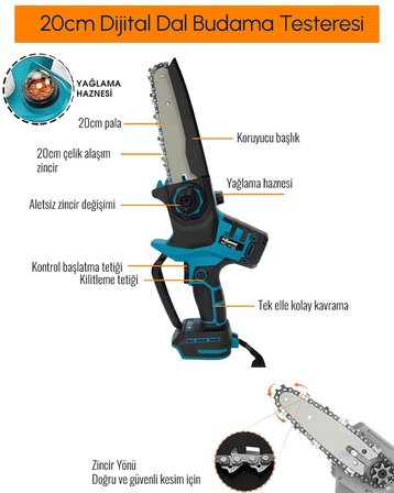 Prohummer PH295 Profesyonel 3lü Bahçe Seti Akülü Uzatma Kollu Dijital Göstergeli 50mm Dal Budama Makası ve 20cm Dal Budama Testeresi 88Vmax