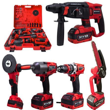 Prohummer PH333 Profesyonel Yeni Kırmızı 21v 4ah 5li Matkap Seti - 1100Nm Somun Sökme, Kırıcı Delici, 125mm Devir Ayarlı Avuç Taşlama, 13mm Vidalama Matkap ve 15cm Dal Budama Testere