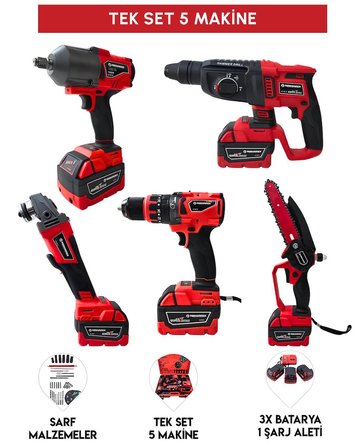 Prohummer PH333 Profesyonel Yeni Kırmızı 21v 4ah 5li Matkap Seti - 1100Nm Somun Sökme, Kırıcı Delici, 125mm Devir Ayarlı Avuç Taşlama, 13mm Vidalama Matkap ve 15cm Dal Budama Testere