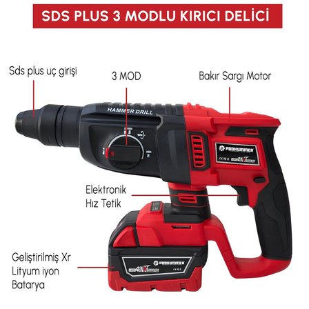 Prohummer PH333 Profesyonel Yeni Kırmızı 21v 4ah 5li Matkap Seti - 1100Nm Somun Sökme, Kırıcı Delici, 125mm Devir Ayarlı Avuç Taşlama, 13mm Vidalama Matkap ve 15cm Dal Budama Testere