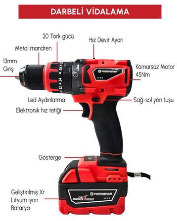 Prohummer PH333 Profesyonel Yeni Kırmızı 21v 4ah 5li Matkap Seti - 1100Nm Somun Sökme, Kırıcı Delici, 125mm Devir Ayarlı Avuç Taşlama, 13mm Vidalama Matkap ve 15cm Dal Budama Testere