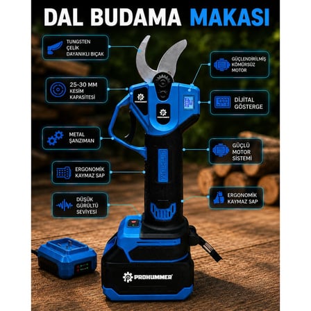 Prohummer PH343 Kömürsüz Akülü 3lü Bahçe Seti - 20cm Dal Budama Testere, Dal Budama Makası ve Vidalama Matkap