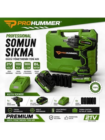 Prohummer PH349 1100 Nm Çift Akülü Somun Sıkma Seti (Yeşil)