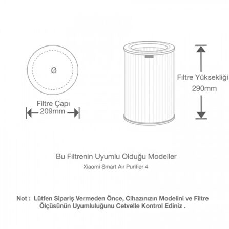 Purmed Xiaomi Smart Air Purifier 4 Uyumlu Rfid Çipli Hepa + Karbon Filtre Gri