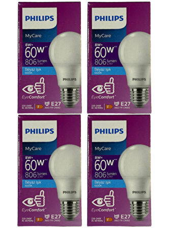 Philips 8W (60W) 6500K (Beyaz Işık) E27 Duylu Klasik Led Ampul (4 Adet)