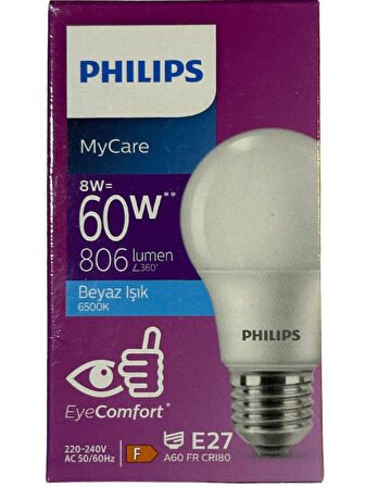 Philips 8W (60W) 6500K (Beyaz Işık) E27 Duylu Klasik Led Ampul (8 Adet)