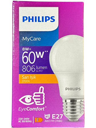 Philips 8W (60W) 2700K (Sarı Işık) E27 Duylu Klasik Led Ampul