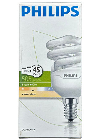 Philips 8W (45W) 2700K (Sarı Işık) E14 Duylu (İnce Duy) Floresan Ampul