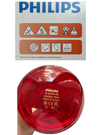 (1 Adet) Philips 250W Kızılötesi (infrared) Isıtıcılı Hayvan Isıtma ve Fizik Tedavi Lambası (Kırmızı Işık) E27 (Kalın Duy)