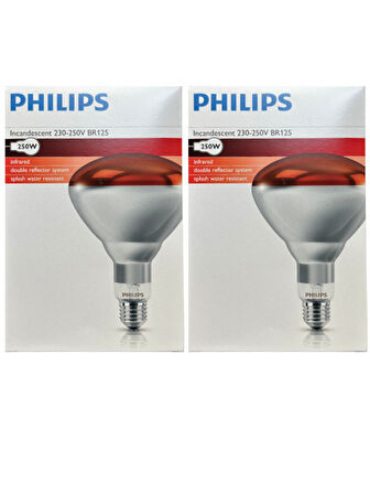 (2 Adet) Philips 250W Kızılötesi (infrared) Isıtıcılı Hayvan Isıtma ve Fizik Tedavi Lambası (Kırmızı Işık) E27 (Kalın Duy)