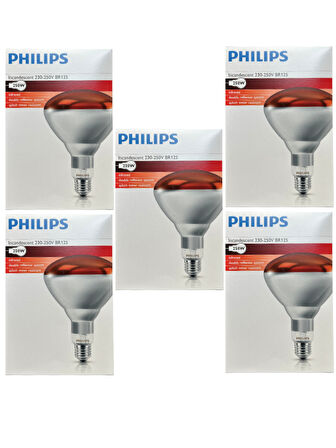 (5 Adet) Philips 250W Kızılötesi (infrared) Isıtıcılı Hayvan Isıtma ve Fizik Tedavi Lambası (Kırmızı Işık) E27 (Kalın Duy)