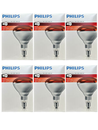 (6 Adet) Philips 250W Kızılötesi (infrared) Isıtıcılı Hayvan Isıtma ve Fizik Tedavi Lambası (Kırmızı Işık) E27 (Kalın Duy)