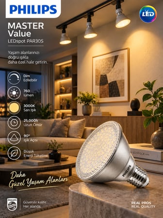 (1 Adet) Philips 9.5W 3000K Sarı Işık E27 Duylu 760 Lümen Dim Edilebilir Par30 Ampul