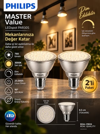 (2 Adet) Philips 9.5W 3000K Sarı Işık E27 Duylu 760 Lümen Dim Edilebilir Par30 Ampul