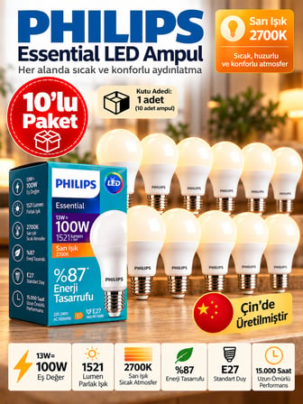 (10 Adet) 13W Sarı Işık (2700K) E27 Duylu (Kalın Duy) Led Ampul