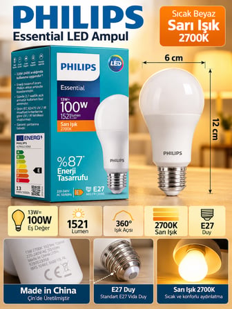 (3 Adet) 13W Sarı Işık (2700K) E27 Duylu (Kalın Duy) Led Ampul