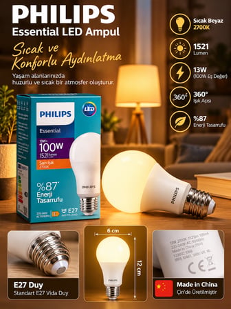 (4 Adet) 13W Sarı Işık (2700K) E27 Duylu (Kalın Duy) Led Ampul