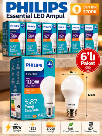 (6 Adet) 13W Sarı Işık (2700K) E27 Duylu (Kalın Duy) Led Ampul
