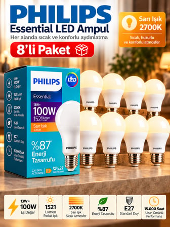 (8 Adet) 13W Sarı Işık (2700K) E27 Duylu (Kalın Duy) Led Ampul