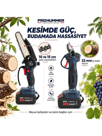 Prohummer PHM011-2M Teleskopik Uzatmalı Profesyonel Akülü Kömürsüz Motor 2li Bahçe Seti - 32mm Dal Budama Makası, 15cm Dal Budama Testeresi ve 2M Uzatma Çubuğu 21V 3ah Çift Batarya