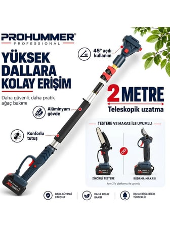 Prohummer PHM012 Akülü Profesyonel Teleskopik Kollu 4lü Bahçe Seti - Dal Budama Makası, Dal budama Testeresi, Çim Biçme Makinesi ve 2mt Uzatma Kolu 21V 3Ah