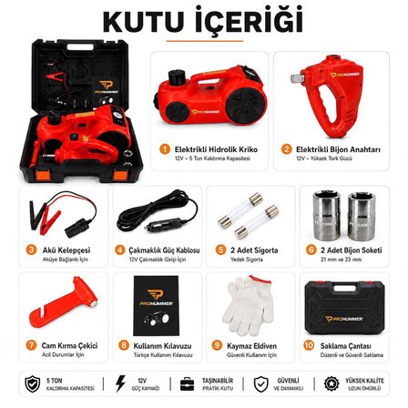 Prohummer PHM314 Elektrikli Kriko Seti - 5 Ton Hidrolik Kriko + Hava Pompası + Bijon Anahtarı + LED Fener
