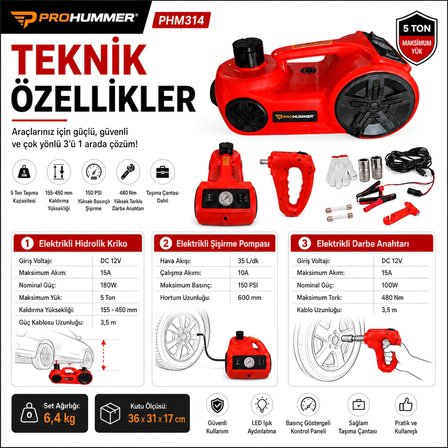 Prohummer PHM314 Elektrikli Kriko Seti - 5 Ton Hidrolik Kriko + Hava Pompası + Bijon Anahtarı + LED Fener