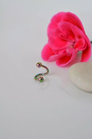 Kıvrımlı Çelik Spiral Piercing 6 mm Tragus Helix Kıkırdak Hologram Renkli