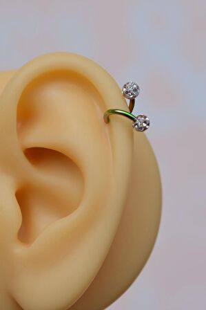 Kıvrımlı Çelik Spiral Piercing 6 mm Tragus Helix Kıkırdak Ucu Taşlı Hologram Renkli