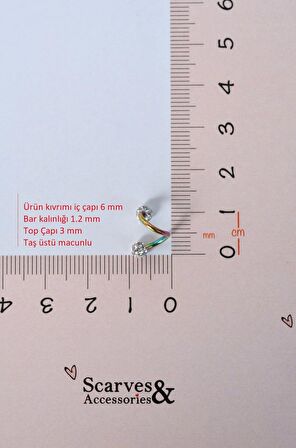 Kıvrımlı Çelik Spiral Piercing 6 mm Tragus Helix Kıkırdak Ucu Taşlı Hologram Renkli