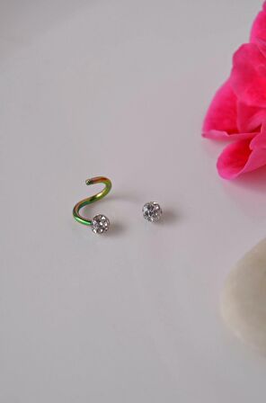 Kıvrımlı Çelik Spiral Piercing 6 mm Tragus Helix Kıkırdak Ucu Taşlı Hologram Renkli