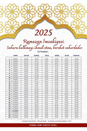 Ramazan İmsakiyesi Modern Kişiye Özel Tasarımlı Dijital Baskı 1 Adet A4 300 gr Model 39