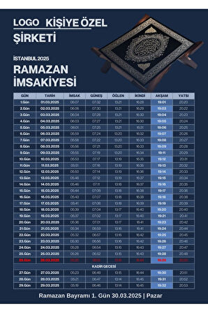 Ramazan İmsakiyesi Modern Kişiye Özel Tasarımlı Dijital Baskı 50 Adet A4 300 gr Model 30