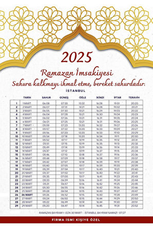Ramazan İmsakiyesi Modern Kişiye Özel Tasarımlı Dijital Baskı 50 Adet A4 300 gr Model 39