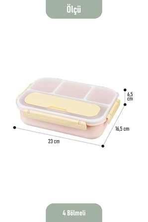 Kaşık Çatallı Lunch Box Sızdırmaz Contalı Kapaklı 4 Bölmeli Beslenme Kabı - Pembe