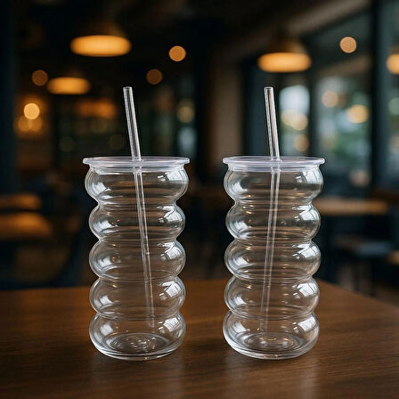 WaveCup Şeffaf Kapaklı Pipetli Cam Bardak SOĞUK KAHVE LİMONATA İÇECEK