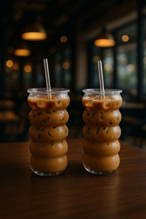 WaveCup Şeffaf Kapaklı Pipetli Cam Bardak SOĞUK KAHVE LİMONATA İÇECEK