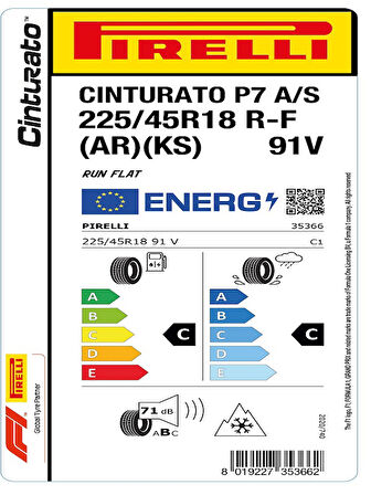 Pirelli 225/45R18 91V Cinturato P7 A/S RFT Ar Oto 4 Mevsim Lastiği (Üretim Yılı: 2024)