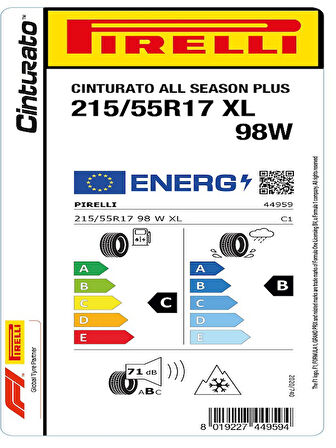 Pirelli 215/55R17 98W XL CNTAS+PC01 Oto 4 Mevsim Lastiği(Üretim Tarihi: 2025)