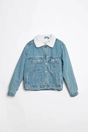 Kadın Mavi İçi Kürklü Relaxed Mont Kışlık Denim Boyfriend Ceket