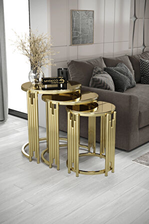 Piyano 3'lü Zigon Sehpa Gold Ayak Bronz Ayna