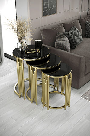 Piyano 3'lü Zigon Sehpa Gold Ayak Siyah Ayna 