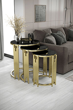 Piyano 3'lü Zigon Sehpa Gold Ayak Siyah Ayna 