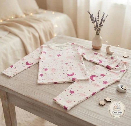 Gökçe Baby Pembe Ay Yıldız Desenli %100 Pamuk Bebek Pijama Takımı