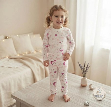 Gökçe Baby Pembe Ay Yıldız Desenli %100 Pamuk Bebek Pijama Takımı