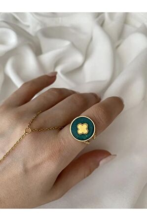 Vintage Gold Yonca Detaylı Yeşil Kararmaz Ayarlanabilir Çelik Yüzük