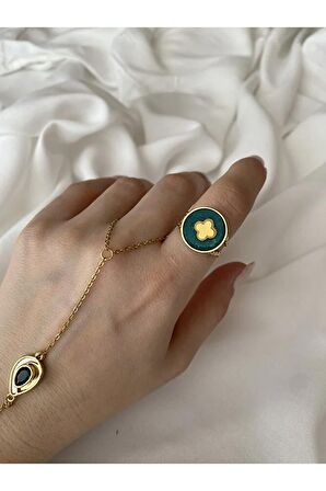 Vintage Gold Yonca Detaylı Yeşil Kararmaz Ayarlanabilir Çelik Yüzük